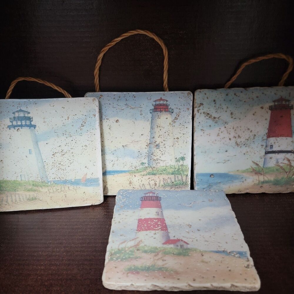 Vintage Lighthouse Nautical Stone Hanging Wall Art Set 4 Artwork Barbara Fleri